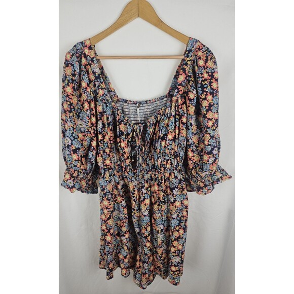 Free People Size XL Show Me Love Romper Floral Puff Sleeve Linen Blend Tie Front - Picture 1 of 7